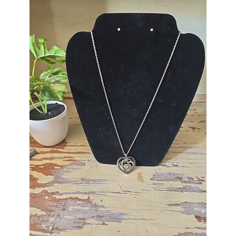 Silver Tone Triple Layered Interlocking Heart Pendant Necklace‎ Crystal Accent